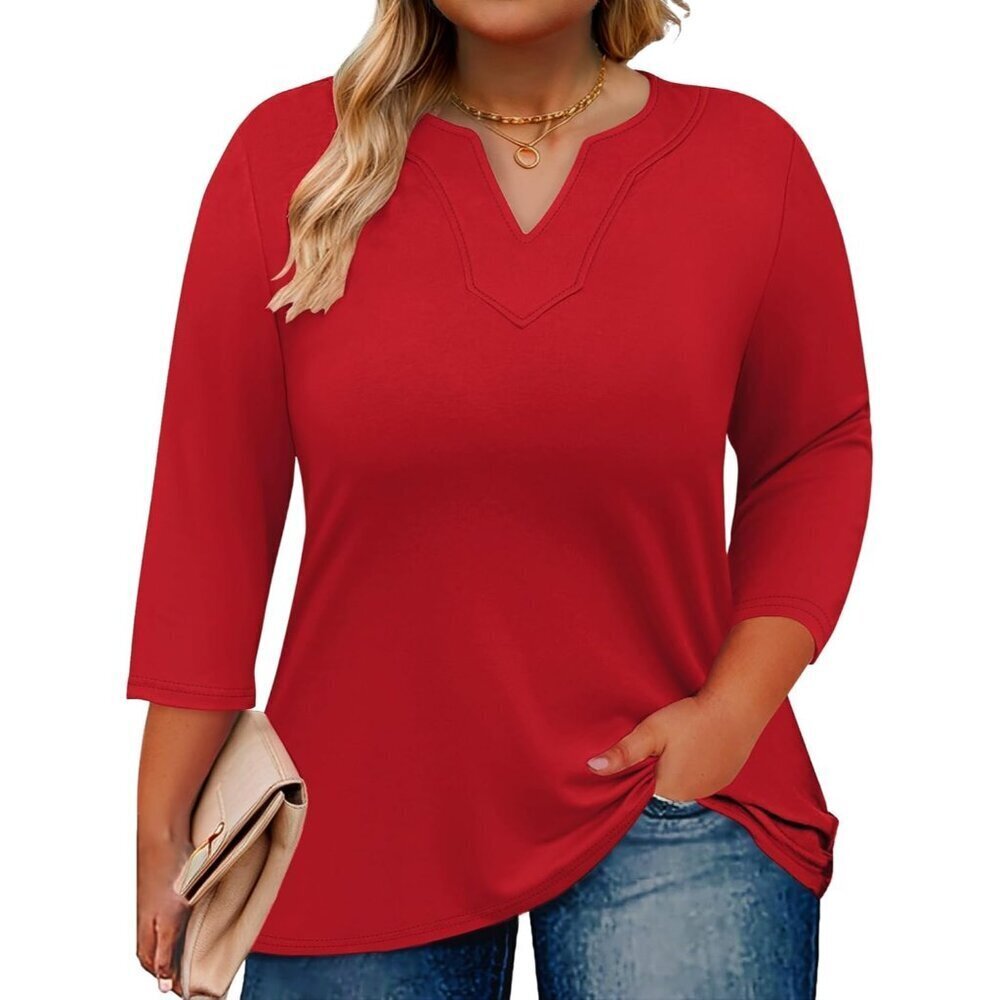Plus Size Women's V Neck 3/4 Sleeve Tunic Top Lightweight Breathable